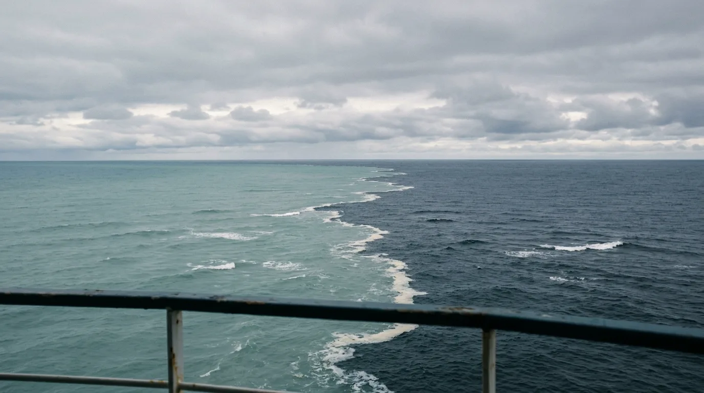 Two distinct bodies of ocean water meeting in the Gulf of Alaska, a pale line of foam marking the boundary