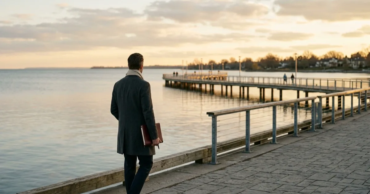 The Burlington waterfront pier at golden hour