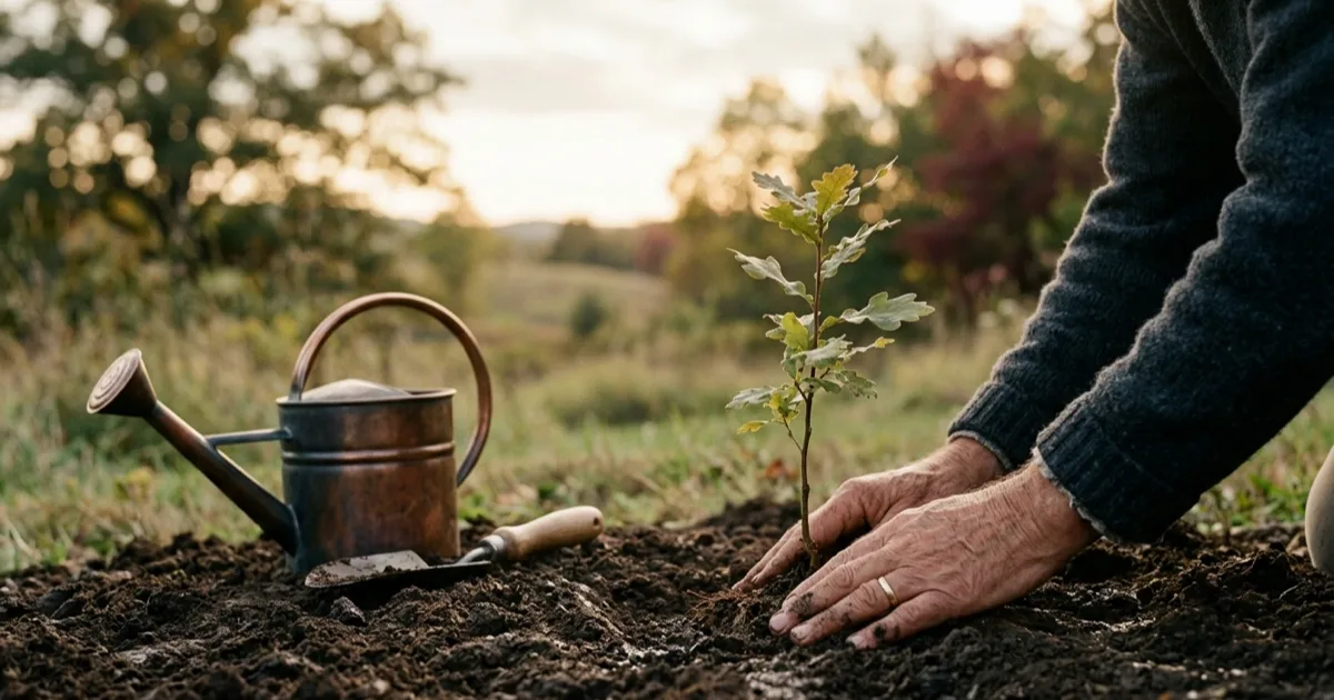 Hands planting a young oak sapling at golden hour
