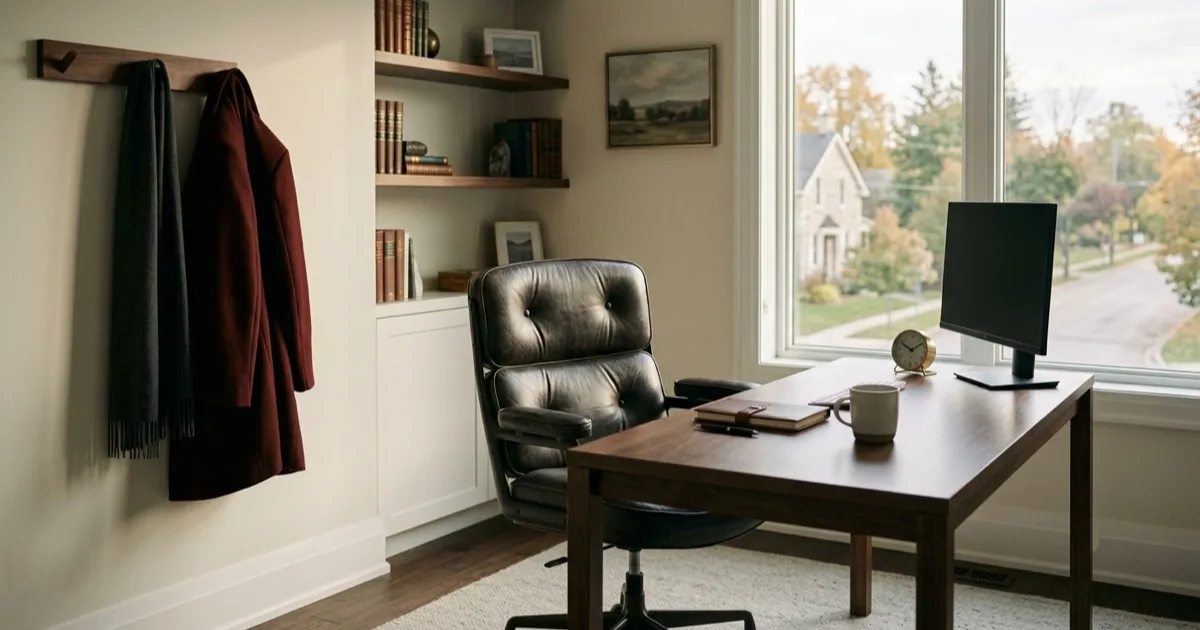 An empty founder's office chair at a tidy desk in morning light