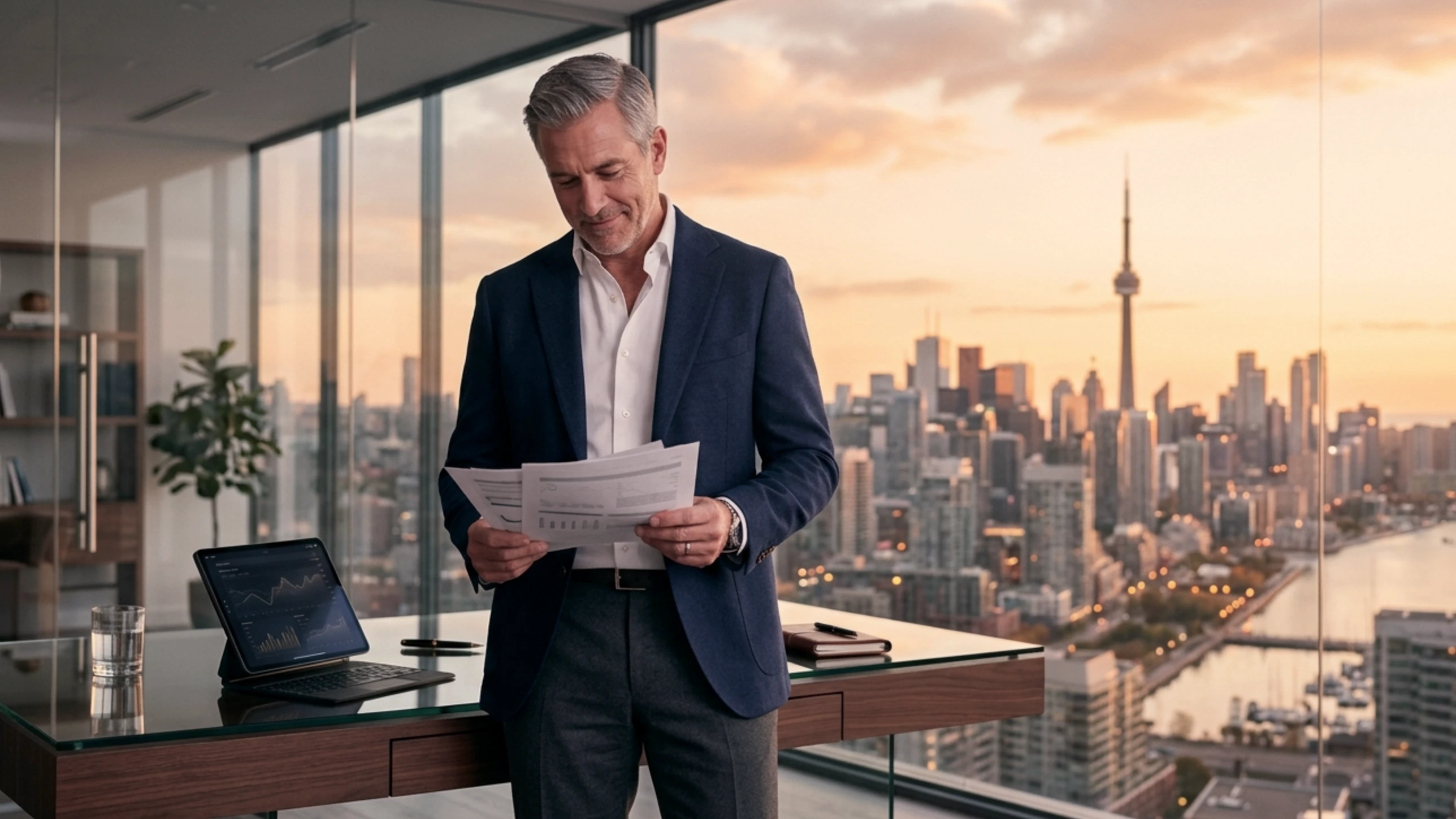 A business owner reviews corporate financials in a quiet office