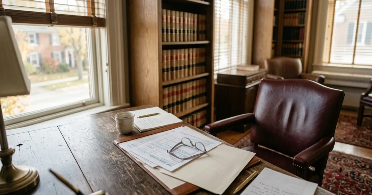 A quiet study with an open tax return, reading glasses, and an empty chair