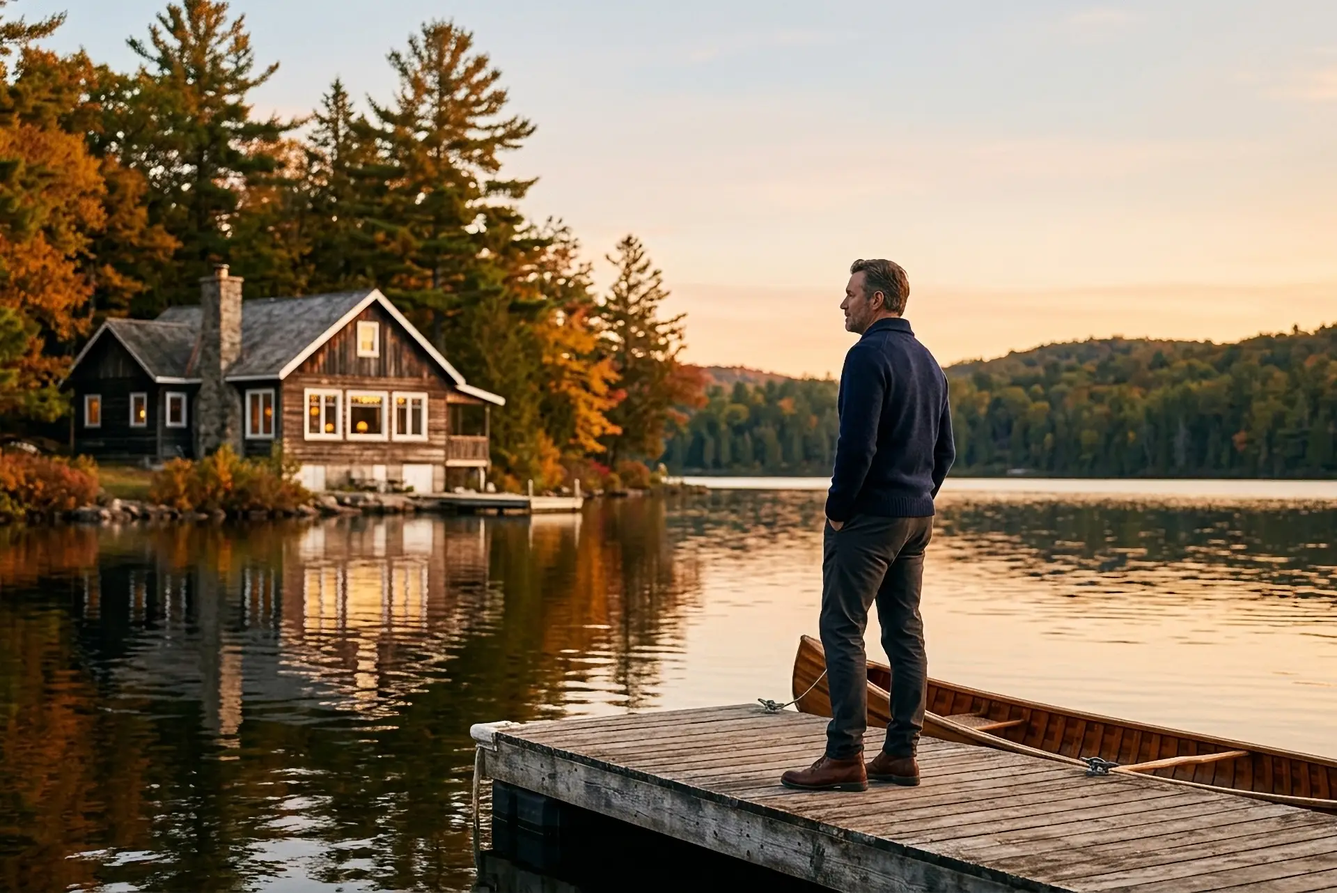 A family cottage dock at dusk