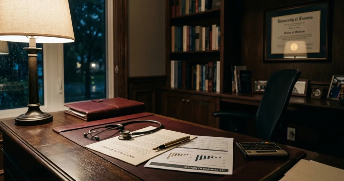 A physician's private study with a stethoscope beside financial statements