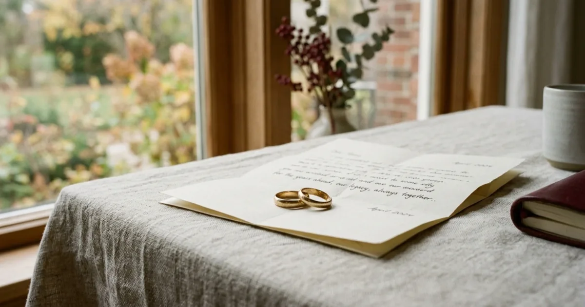 Two wedding bands resting on a handwritten letter by a window