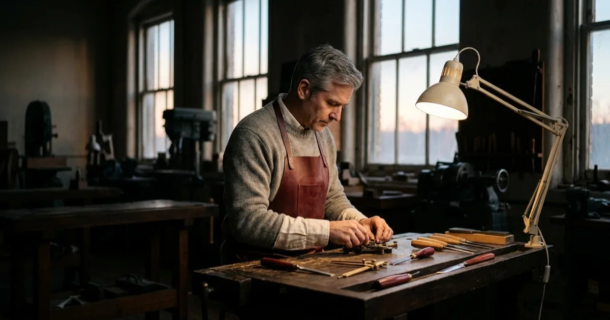 A craftsman at the one lit workstation in a quiet workshop