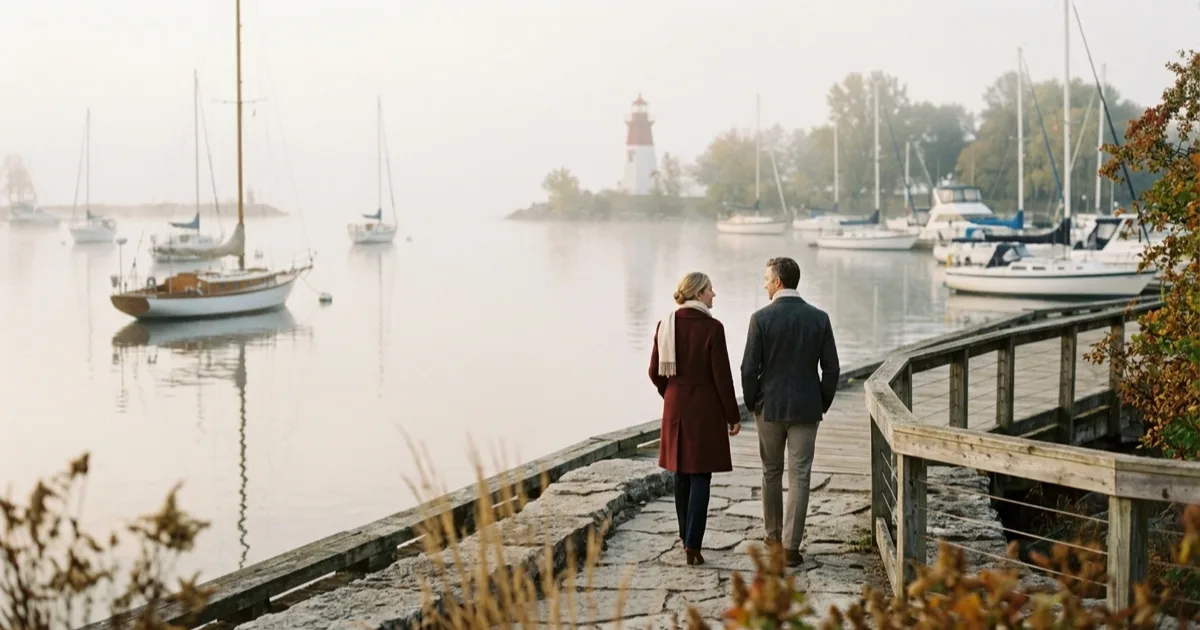 Oakville harbour in early morning mist with sailboats and the lighthouse