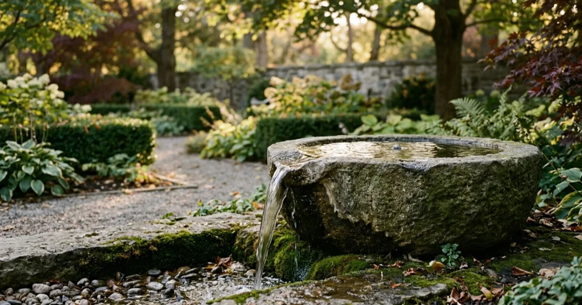 A stone basin in a formal garden slowly overflowing at one edge